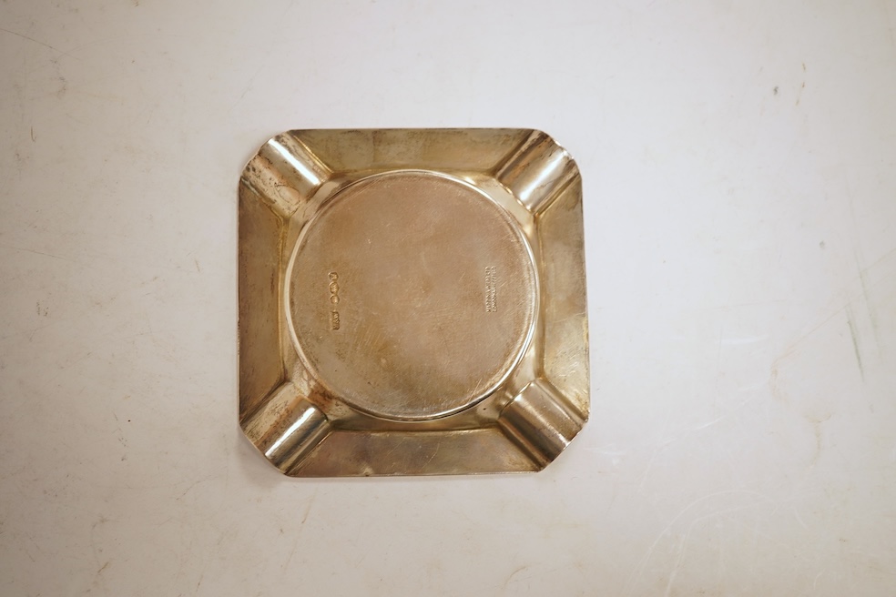 A heavy square engine-turned silver ashtray, by Mappin & Webb, Sheffield, 1964, 99mm, 6oz.
